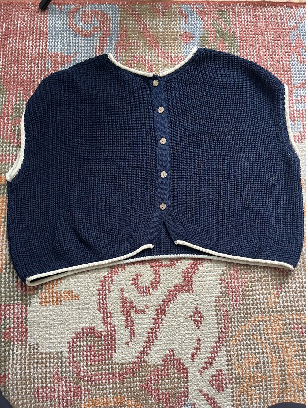 Miou Muse Navy Blue Cropped Knit Sleeveless Top Size M Cream Trim - Picture 6 of 6